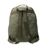Mochila urbana color verde militar con diseño acolchado de costuras en forma de rombos. Cuenta con un compartimento principal con cierre, un bolsillo frontal con cierre y un parche decorativo con el logo N+ Club.