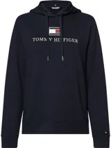 Buzo azul marino con capucha y cordones ajustables, con el logo de Tommy Hilfiger estampado en el pecho y la bandera de Tommy Hilfiger bordada en el puño.