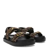 Sandalias de plataforma baja Miss Carol modelo Naira, con capellada de animal print tipo leopardo, dos tiras ajustables con hebillas doradas y suela negra dentada.