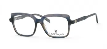 Anteojos de receta Laura Biagiotti con armazón de acetato en tono gris azulado con efecto carey. Presenta un diseño de marco cuadrado con el logo de la marca en las patillas.