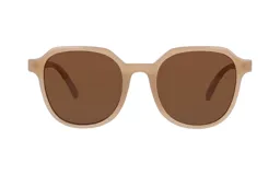 Lentes de sol con montura geométrica color beige y lentes marrones.