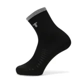 Medias deportivas de caña media color negro, con borde superior en gris texturizado y logo de la marca bordado en blanco.