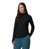 Buzo polar Columbia de media cremallera color negro, con cuello alto, mangas largas con orificios para los pulgares y logo de la marca estampado en el pecho. Incorpora tecnologías Omni-Wick y Omni-Shade.