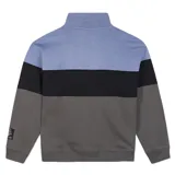 Buzo canguro con medio cierre de felpa cepillada, diseño de bloques de color en tonos celeste, negro y gris oscuro, con logo impreso en el pecho y calce oversize.