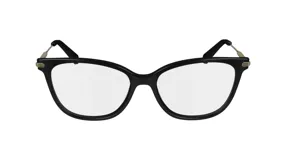 Lentes de receta Longchamp con armazón de acetato negro en forma cat-eye, con detalles metálicos dorados en las bisagras.