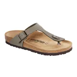 Sandalia tipo ojota Birkenstock modelo Gizeh, con tira de dedo y ajuste mediante hebilla metálica lateral. Presenta plantilla anatómica de corcho y suela de goma antideslizante.
