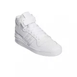 Championes adidas Forum Mid de corte medio, totalmente blancos, con cierre de cordones y tira de velcro en el tobillo. Presentan las icónicas tres bandas laterales y el logo de la marca en la suela y el lateral.