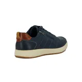 Zapato acordonado de cuero azul marino con cierre lateral, suela color crema y detalles en cuero marrón en el talón.