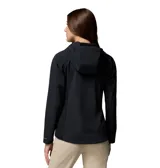 Campera softshell híbrida Columbia, modelo Trailborne, color negro, con capucha, cierre frontal y bolsillos con cremallera. Incorpora tecnología Omni-Shield de repelencia al agua y a las manchas.