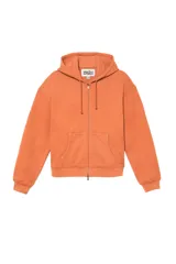 Sudadera cropped fit con capucha y cierre frontal de cremallera, confeccionada en tejido de algodón en color naranja. Cuenta con bolsillos frontales tipo canguro y efecto lavado.