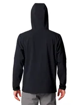 Campera técnica Columbia con tecnología Omni-Shield, color negro, con capucha ajustable, cierre frontal completo y bolsillo con cierre en el pecho. Presenta puños elásticos y diseño ligero ideal para actividades al aire libre.