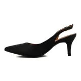 Zapato de tacón Vizzano color marfil, con diseño destalonado (slingback), punta fina, taco alto fino y tira ajustable en el talón con hebilla dorada.