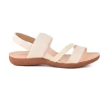 Sandalias bajas color salmón con tiras cruzadas y elásticas.