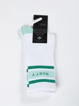 Medias de caña media color blanco con franjas horizontales en verde y menta, y logo de la marca estampado en el centro.