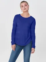 Sweater negro de punto acanalado con cuello redondo y manga larga, de calce regular.