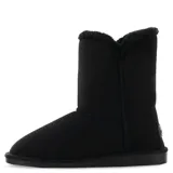 Botas de caña media, estilo 'ugg', color negro. Presentan un forro interior de pelo sintético negro visible en el borde superior y un detalle de hebilla decorativa en el lateral exterior.