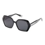 Lentes de sol Teresa Calandra modelo Isadora color ébano, con armazón poligonal de acetato negro y patillas con detalles estampados.