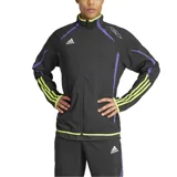 Campera deportiva Adidas F50 Woven, color gris oscuro con detalles en amarillo y violeta. Cuenta con cierre frontal, cuello alto, bolsillos con cremallera y logo de Adidas bordado en el pecho.