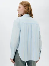 Camisa celeste a rayas verticales blancas, de manga larga y corte clásico.