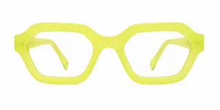 Lentes con armazón geométrico color verde lima, diseño vanguardista de montura angular y cristales transparentes con protección contra luz azul y UV400.
