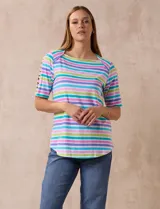 Remera de algodón a rayas horizontales en tonos rosa, celeste, verde y lila. Tiene cuello redondo y mangas cortas con detalle de entrelazado y aberturas en los hombros.