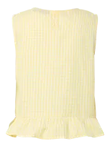 Top sin mangas de algodón orgánico y poliéster reciclado, color amarillo con estampado de cuadros vichy, cuello redondo y detalle de volado en el ruedo.