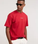 Remera masculina roja de corte recto, cuello redondo y mangas cortas. Presenta un lettering centralizado con la palabra "latinidade" en blanco.