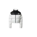 Campera puffer The North Face modelo Nuptse 700 Fill Short Jacket, diseño corto bicolor en blanco y negro, con cuello alto, cierre frontal y bolsillos laterales.