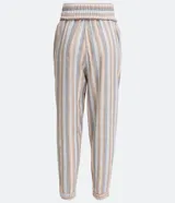 Pantalón recto de algodón con estampado de rayas verticales en tonos beige, celeste y marrón. Cuenta con cintura elástica y puños ajustados.