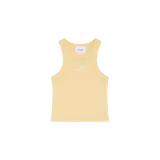 Musculosa Eme Studios tipo tank top de tejido rib color amarillo pastel, con cuello redondo y el logotipo de la marca bordado en el centro del pecho en color blanco.