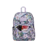 Mochila JanSport Superbreak Plus con estampado de flores pixeladas en tonos pastel y logo de la marca en color lila.