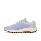 Championes de trail running Merrell Fly Strike 2, color lila con detalles en blanco y suela de goma color caramelo. Presentan una parte superior de malla transpirable con refuerzos de TPU, entresuela de espuma EVA para mayor amortiguación y suela con tacos antideslizantes para mejor tracción.