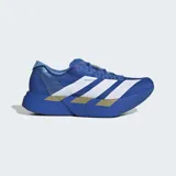 Championes de running Adidas Adizero Adios Pro 4, color azul con detalles en blanco y dorado. Diseñados para competición, cuentan con tecnología Lightstrike Pro en la entresuela, Energyrods 2.0 con infusión de carbono y suela de caucho Continental con Lighttraxion para mayor agarre y ligereza.
