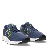 Championes New Balance 420 V2, color azul marino con detalles en amarillo y suela blanca.
