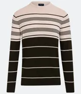 Suéter de punto manga larga con cuello redondo y diseño a rayas horizontales en tonos beige, blanco y verde oliva.