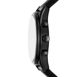 Reloj Emporio Armani modelo Antonia, color negro con detalles plateados. Cuenta con caja de acero inoxidable de 41mm, esfera negra con subesferas de cronógrafo y correa de cuero negro.