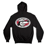 Campera con capucha de algodón color negro, con diseño estampado en la espalda que muestra un perro con gorra y lentes de sol dentro de un óvalo rojo con la inscripción Emexem Street Brand.