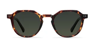 Lentes de sol unisex con armazón geométrico color carey y lentes polarizadas color verde oscuro.