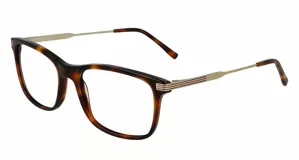 Anteojos de receta Lacoste con marco de acetato en tono carey y patillas metálicas doradas con detalle de franjas tricolores.