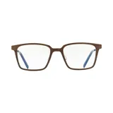 Lentes de receta con armazón de diseño cuadrado con acabado símil madera y patillas en color azul.
