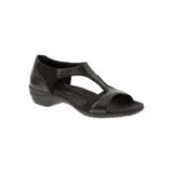 Sandalias Hush Puppies modelo Meditate, color negro, con diseño en T, tiras de cuero y elástico, y suela baja flexible.