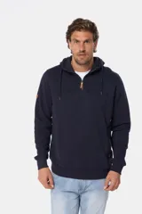 Canguro deportivo azul melange con capucha, medio cierre frontal con tirador de cuero sintético, cordones ajustables y bolsillo tipo canguro.