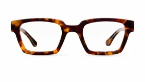 Lentes con armazón rectangular de diseño anguloso, con estampa efecto carey en tonos marrones y caramelo, y cristales transparentes con protección de luz azul.