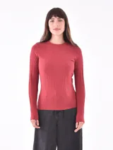 Remera de manga larga color bordó, con cuello redondo y tejido acanalado.