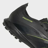 Championes Adidas Predator League Turf Cleats, color negro con detalles en amarillo neón. Diseñados para fútbol en césped artificial, con tecnología Hybridfeel y Strike Scale para un mejor agarre y control del balón.