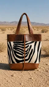 Cartera Taba Handbag de cuero y pelo con estampado animal print de cebra, combinada con detalles en cuero marrón y costuras decorativas visibles.