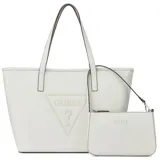 Cartera tipo tote bag Guess modelo Keira, color blanco, confeccionada en PVC con textura saffiano. Cuenta con un gran parche triangular con el logotipo de la marca en relieve en el frente, doble asa superior y viene acompañada de un pequeño bolso tipo pochette con cierre y correa corta desmontable.