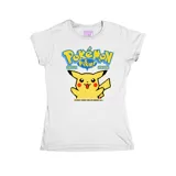 Remera blanca de corte entallado con estampa frontal de estilo pixel art de Pikachu y el logo de Pokémon.