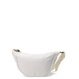 Cartera tipo riñonera de diseño minimalista, color blanco, con cierre superior y correa ajustable al tono.