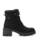 Botas acordonadas de mujer Miss Carol modelo Laurion, color negro, con taco cuadrado texturizado simil madera, suela dentada y detalle de tejido de lana en la parte superior de la caña.